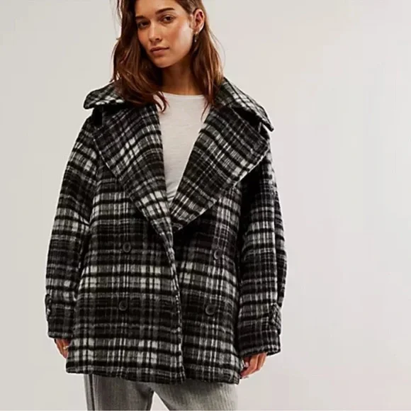 Free People Black and White Plaid Pea Coat - Picture 2 of 9